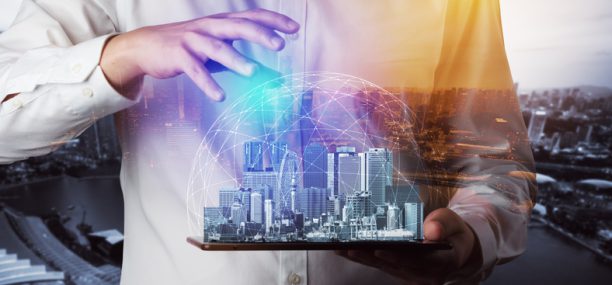 Modern creative telecommunication and internet network connect in smart city. Concept of 5G wireless digital connection and internet of things future.